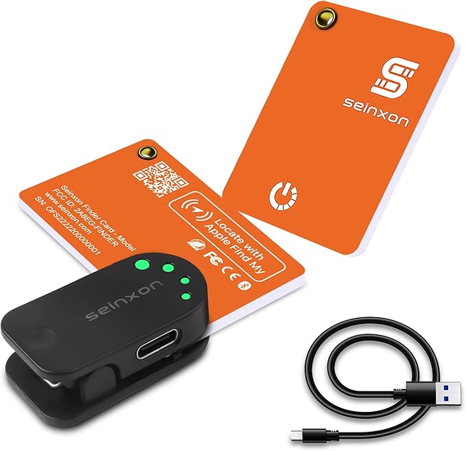 Keys Tracker Wallet Finder Card IP68 Luggage Purse Item Tracker Works with Apple Find My APP & Network with Recharge Clip (iOS Only) Orange