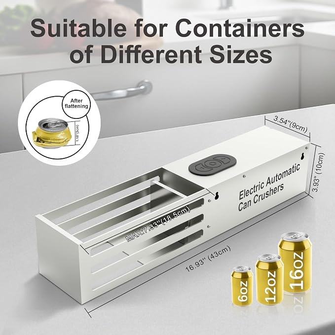Automatic Can Crusher, Electric Can Crushers Wall Mounted for Recycling 8oz, 12oz & 16oz Cans, Fill 1 can at a Time, for Recycling Aluminum Seltzer, Cola, Beer Cans
