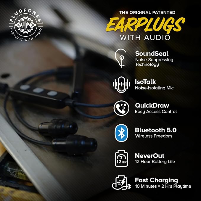 Plugfones Liberate 2.0 Bluetooth Earplug Headphones - Wireless Bluetooth in-Ear Earplug Earbuds - 29 dB Noise Reduction Headphones with Noise Isolating Mic and Controls (Black & Gray)