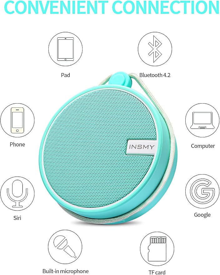 INSMY C12 IPX7 Waterproof Shower Bluetooth Speaker, Portable Small Speaker, Speakers Bluetooth Wireless Loud Clear Sound Support TF Card Suction Cup for Outdoor Kayak Canoe Beach Gift (Mint)