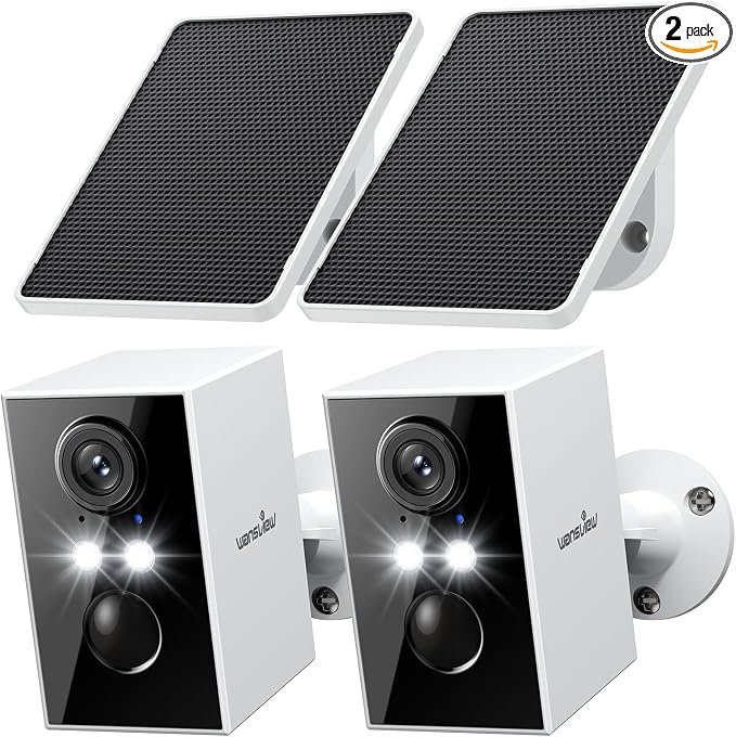 wansview Security Cameras Wireless Outdoor-2K WiFi 6 Solar Camera Outdoor Wireless for Home Security with AI Motion Detection, Color Night Vision, 2-Way Audio, 2.4GHz WiFi Only, Alexa, A1 2P White