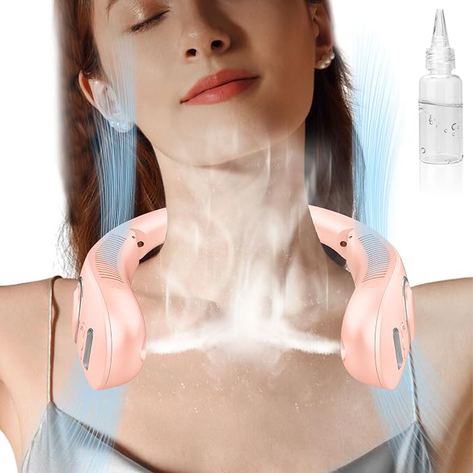 Neck Fan that Blow Cold Air with Water Mist Spray, 4000mAh USB Rechargeable & LED Display, Foldaway Hands Free with Dual Controls, Personal Cooling Device for Mother's Day Father's Day Birthday, Pink