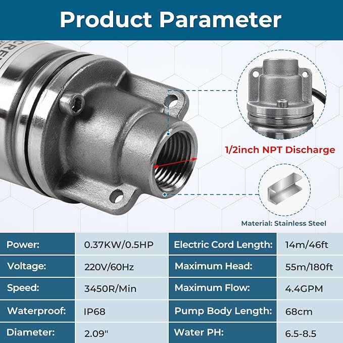 0.75HP Deep Well Pump, 220V/60Hz, 4.8GPM, 206ft Head Submersible Well Pumps with 49ft Electric Cord, 2.6" Stainless Steel Deep Well Water Pumps for Industrial, Irrigation & Home Use