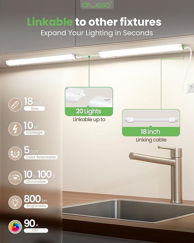 ALUSSO 18 Inch LED Under Cabinet Lighting Plug in 120V, 5CCT Color Selectable 2700K-5000K Dimmable 10W 800LM High Brightness, CRI 90+ Strip Linkable Under Counter Lights for Kitchen Sink, 1 Pack
