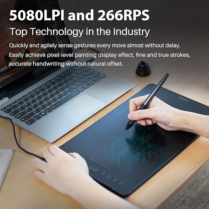 HUION Inspiroy H1161 Graphics Drawing Tablets, Touch Strip and 8192 Pen Pressure Sketch Tablet with Battery-Free Stylus,10 Shortcut Keys, Compatible with Android, Windows, and Mac Black