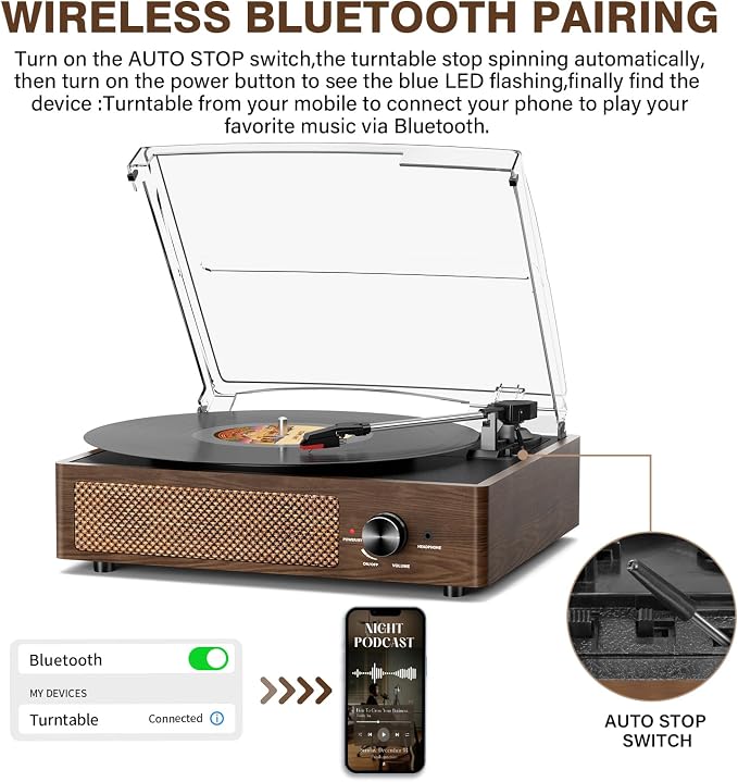 Bluetooth Vinyl Record Player,3-Speed Turntable with Stereo Speakers Vintage Phonograph Record Player, with RCA Line Out AUX in Headphone Jack Coffee Wood