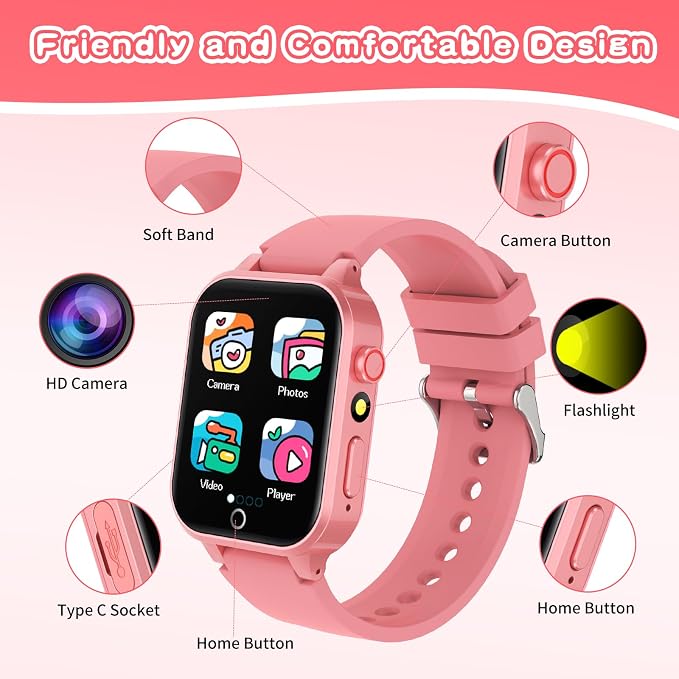 Kids Smart Watches Girls Age 6-12, 26 Games Touchscreen Kids Watch with Video Camera Music Player Learning Cards Audiostory Flashlight 12/24 hr Educational Toys Birthday Gifts for Girls Ages 6 7 8