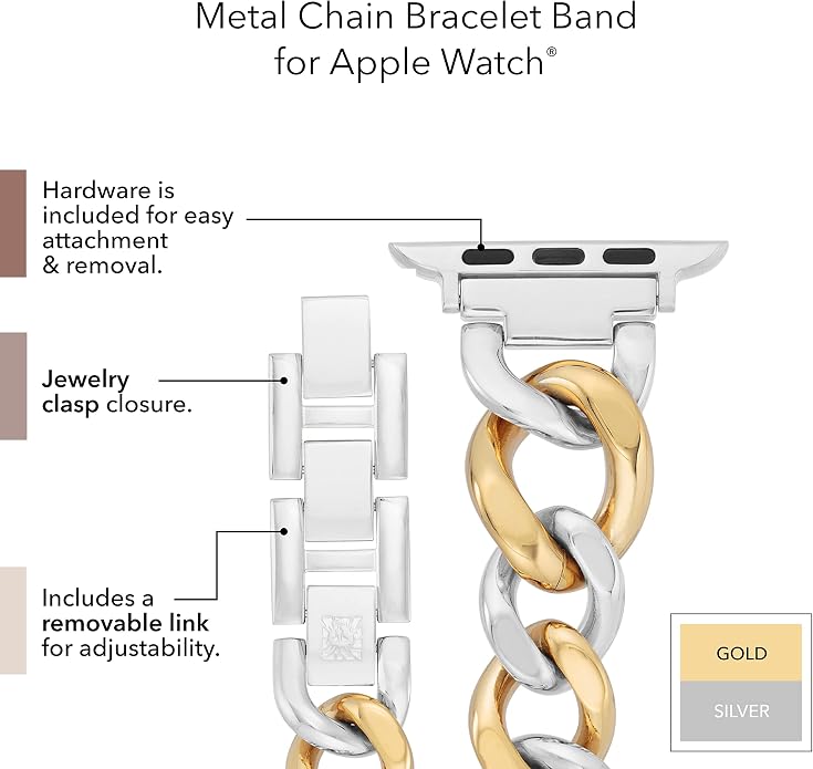 Anne Klein Fashion Chain Bracelet for Apple Watch, Secure, Adjustable, Apple Watch Replacement Band, Fits Most Wrists