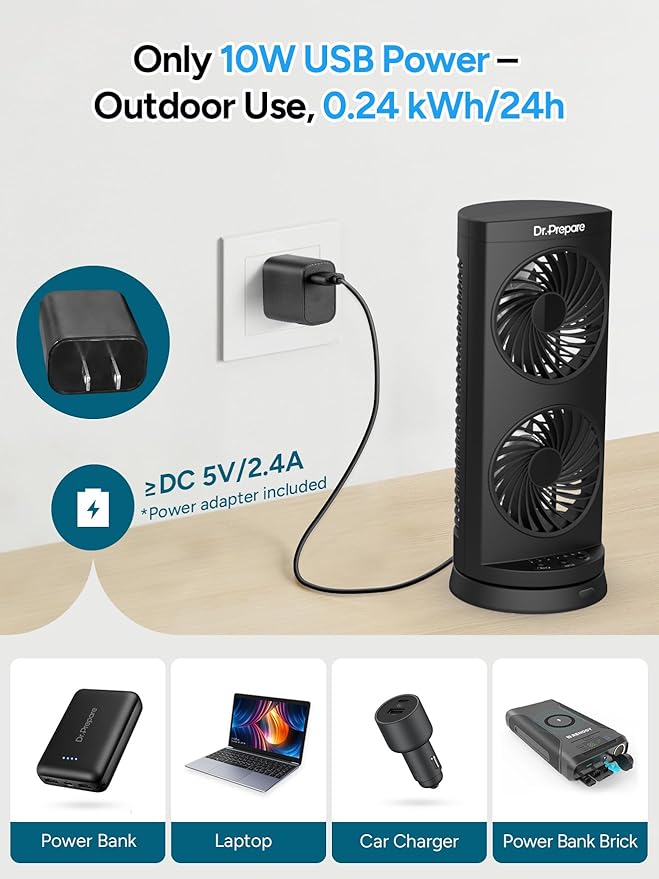 DR.PREPARE Desk Fan USB DC Tower Cooling Fan with Remote Control, DC Motor Portable Oscillating Fan, 3 Speeds, Dual Air Circulation, 110° Oscillation, Table Fan for Bedroom Dorm Room Office Desktop