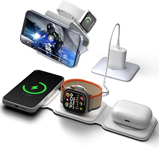 3 in 1 Magnetic Charging Station for Apple Multiple Devices Foldable Travel Wireless Charger for iPhone 16 15 14 13 12 Pro Max Plus &Apple Plus iWatch | Airpods - with 20 W Adapter | White