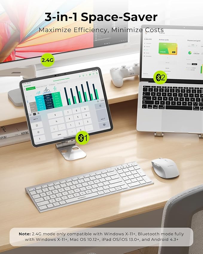 seenda Wireless Bluetooth Keyboard Mouse Combo, COE401 Rechargeable Silent Keyboard Mouse Compact Slim, 3 Multi-Device Connection, Compatible for Windows/Mac PC Laptop MacBook iPad, White Silver