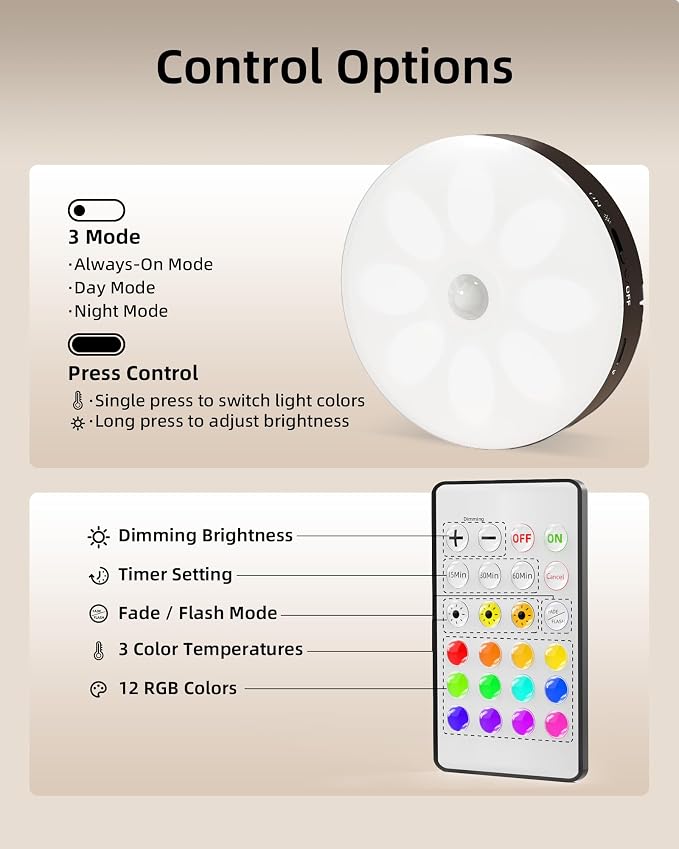EZVALO Under Cabinet Lighting, 1000mAh Rechargeable Puck Lights with Remote, 3 Color Temps & 12 RGB Motion Sensor Closet Lights, Dimmable Under Cabinet Lights for Kitchen, Cabinets, Closet (3 Packs)