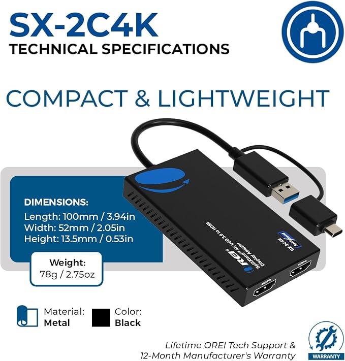 OREI SplitExtend 4K HDMI Splitter Extended Display for Dual Monitor - Multi-Monitor Display 3 Separate Screens - USB A & USB-C Adapter to HDMI 2.0, 4K@60hz, DisplayLink Driver MacOS, Windows