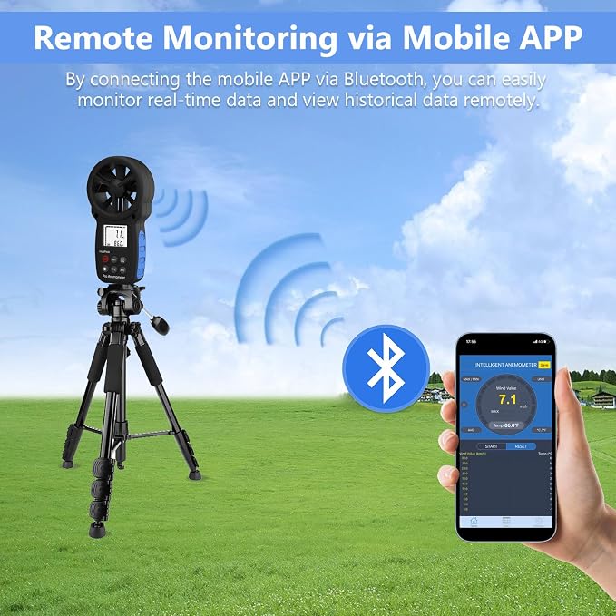 HoldPeak Handheld Anemometer Bluetooth, Digital Wind Speed Gauge Meter, Air Flow Velocity Temperature CFM Measuring Device for HVAC Outdoor Sailing Shooting Golf, 866B-APP