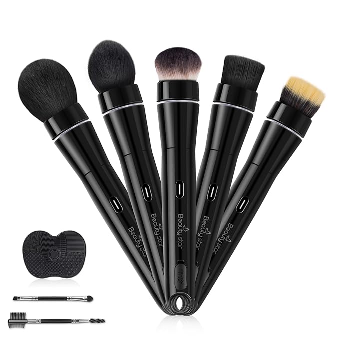 360° Electric Rotating Makeup Brush Set, 5 Vegan Brush Heads, Rechargeable Blending Face Brushes For Foundation, Blush, Powder, Bronzer, Contour, Highlight & Airbrush Finish, Flat Kabuki Brush