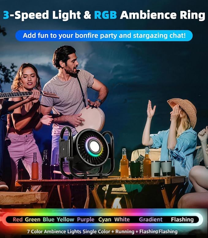 Rechargeable Auto-Oscillating Fan, 16000mAh Battery Powered Portable Outdoor Fan with 6-Speeds & LED/RGB Lights, 120° Rotating Tent Fan for Camping, RV, Patio, and Jobsite
