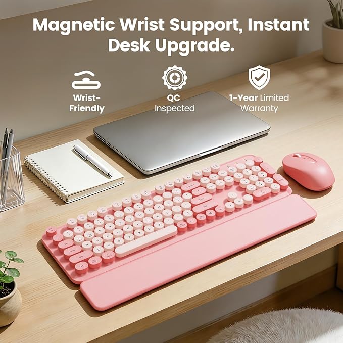 Wireless Keyboard and Mouse Combo with Magnetic Wrist Rest, Round Keycaps, Full-Size Retro Typewriter-Style, Two-Stage Tilt Legs, Auto-Sleep, 2.4G Wireless for Windows Mac Laptop PC, Soft Blush Pink