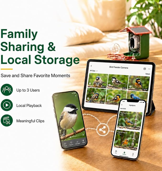 Bird Feeder with Camera, 2K HD 147° Wide Angle, Live View, Solar Powered, IP65 Outdoor, 2.4GHz Wi-Fi, Night Vision, Motion Alerts, Local Storage, AI Bird ID 10,000+ Species, Family Sharing