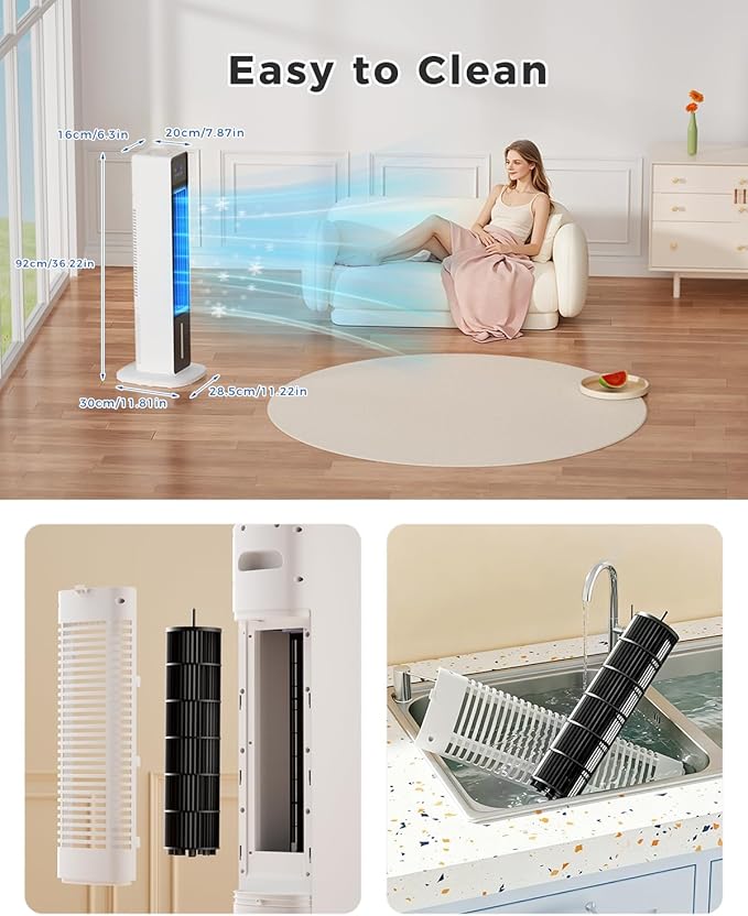 Evaporative Air Cooler, 3-in-1 Portable AC Tower Fan Air Conditioner with 4 Modes & 3 Speeds, 24H Timer, Remote 60°Oscillating Tower Fan, Quiet Swamp Cooler, Tower AC for Bedroom Office, 36inch, Black