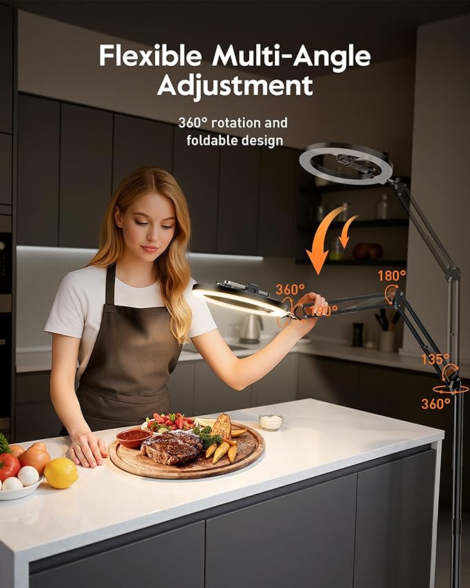Ring Light Tripod for iPhone Overhead Camera Mount, LUXSURE Ring Light with Stand and Phone Holder with Casters & Flexible Arm, Phone Tripod with Light for Video Recording,Live Streaming,Cooking
