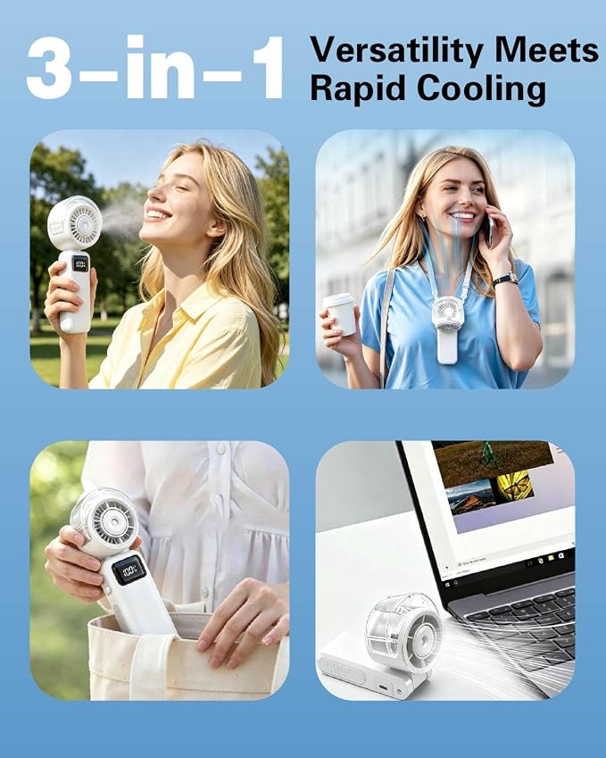 Portable Handheld Misting Cooling Fan – Foldable,20H/6000mAh Rechargeable Personal Turbo Fan,5-Speed Mini Water Spray Fan,3-in-1 Hand/Desk/Neck Use Mist Fans for Outdoor,Travel,Beach,Camping (White)