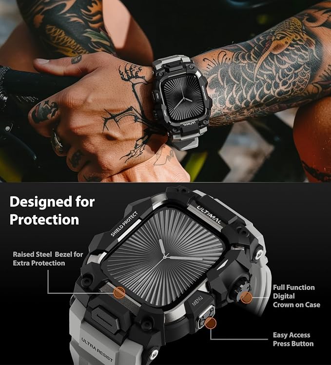 ULTIMAL Rugged Case with Band for Apple Watch 46mm,Compatible with Apple Watch Series 11/10, Military Grade Shockproof Bumper Cover for iWatch Tactical Band Men (46mm,Grey)