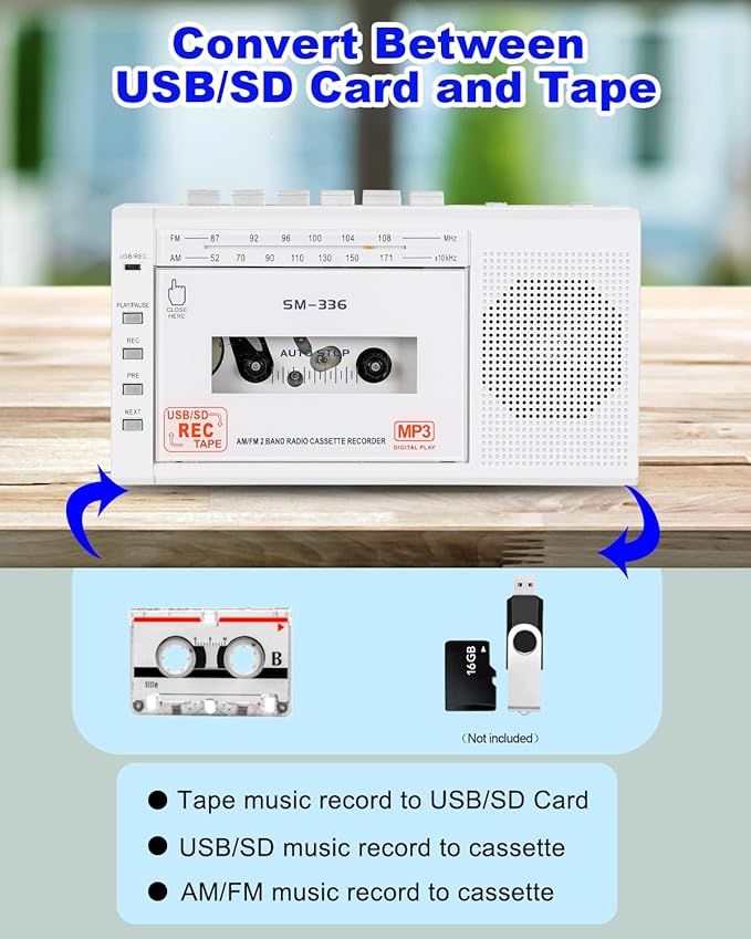 Portable Cassette Tape Player to Digital Converter via USB/SD Card, Record to Cassette/U Disk/SD Card via Mic, Power by AC or AA Battery, Portable Cassette Recorder with Speaker and Headphone Jack