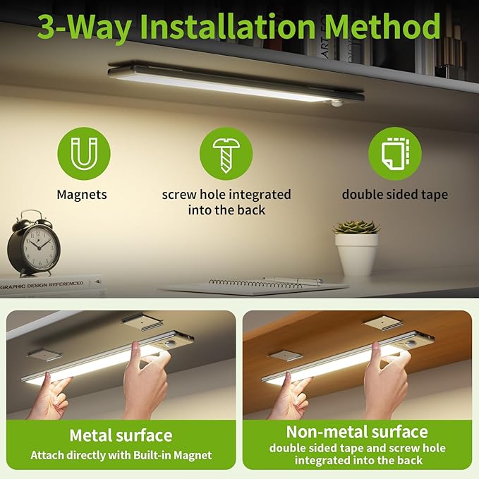 Under Cabinet Lighting, 2 Pack Motion Sensor Light Indoor, 76 LED USB Rechargeable Battery Operated, 3 Levels Dimmable Magnetic Closet Lights, Wireless Under Counter Lights for Kitchen Stairs Hallway