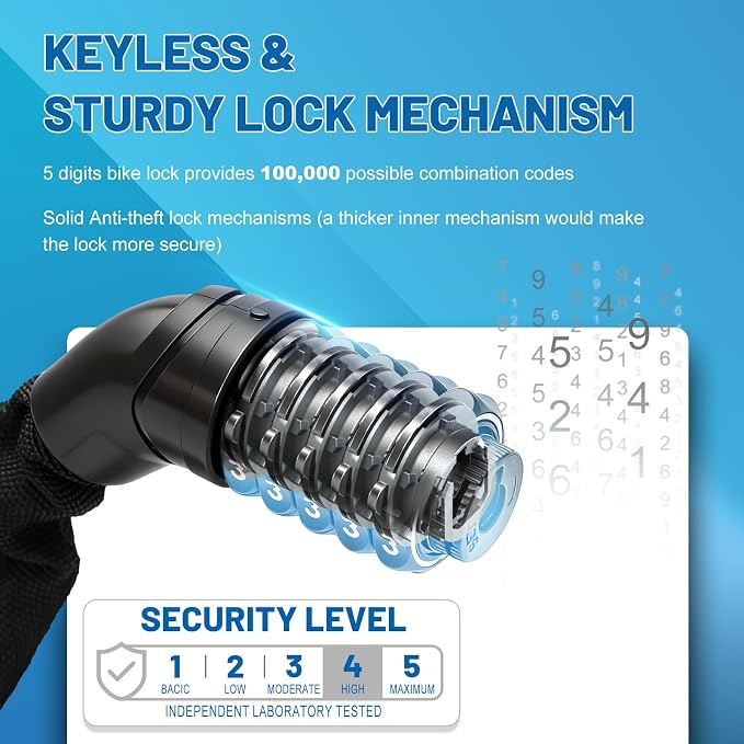 APECYC Bike Lock Heavy Duty Anti Theft, 3/4/5/6FT Bike Chain Lock with 5 Digit Resettable Combination, Bicycle Lock for E Bike, Scooter & Motorcycle, Cut Resistant Security Chain with Protective Cover