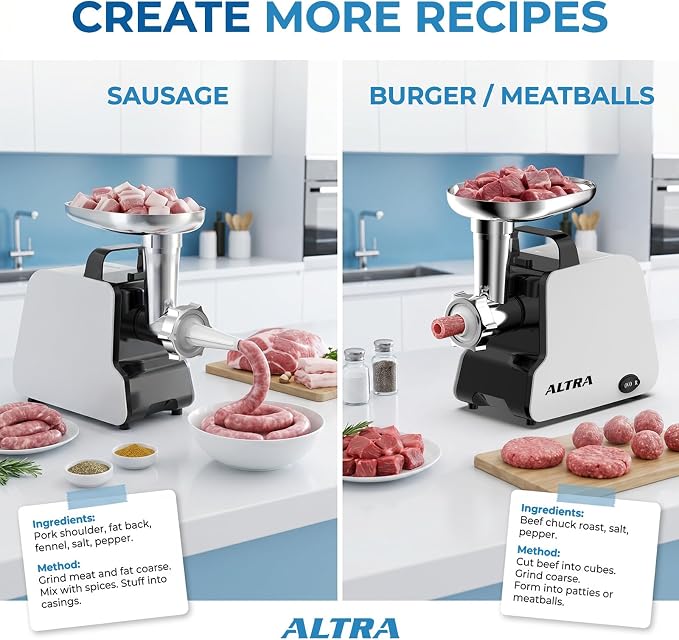 Electric Meat Grinder, 2300W Max, Heavy Duty Sausage Stuffer with 2 Blades, 3 Grinding Plates, Sausage Tube & Kubbe Kit, Home Kitchen Meat Mincer with Handle (Black)