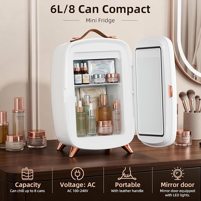 Antarctic Star 6L/8 Cans Makeup Mini Refrigerator with Dimmable LED Light Mirror for Bedroom, Car, Office & Dorm,Portable Small Cooler for Cosmetics,Skin Care,WHITE