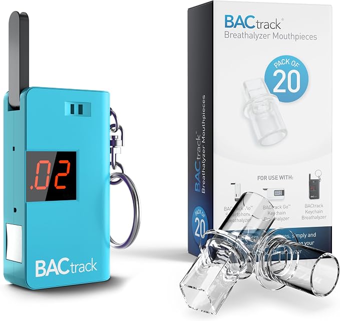BACtrack Keychain Breathalyzer (Blue) and 20 Breathalyzer Mouthpieces Bundle