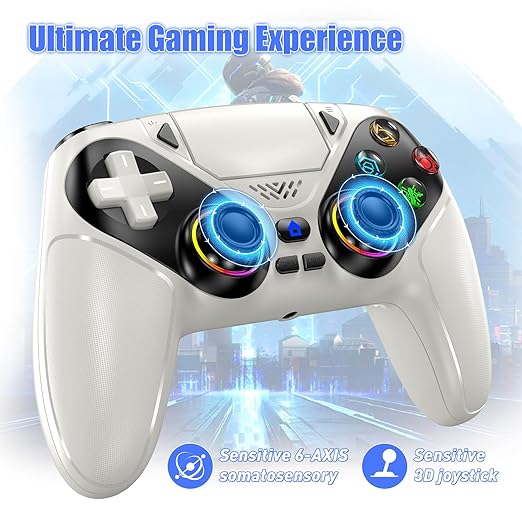 Dinosoo RGB Wireless Controller for PS5/PC/Mobile – Bluetooth Gamepad with Turbo, Macro, Dual Vibration, 6-Axis Gyro, 3.5mm Audio Jack, Built-in Speaker & 1000mAh Battery-White