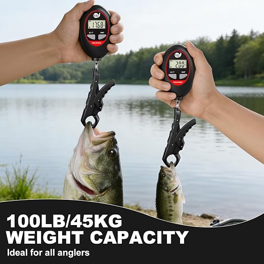 SNAIL TRAIL 100 lbs Digital Fishing Weight Scale & 4.6'' Fish Lip Gripper, LCD Display, Multi-Unit (LB, KG, LB:OZ), Portable Electric Tournament Bass Weigher for Anglers