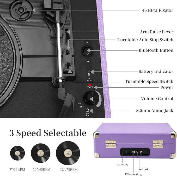 Record Player 3 Speed Vinyl with Bluetooth Vintage Turntable Built in Battery Portable Suitcase Support Aux in RCA Line Out Headphone Jack Purple