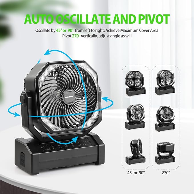 AddAcc 20000mAh Rechargeable Camping Fan - Battery Operated Fan with Light & Remote, Auto Oscillating, 4 Timer, 60 Hrs Work Cordless Tent Fan for Travel Outdoor RV Garage Power Outage Emergency