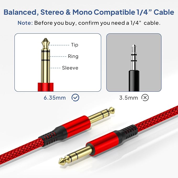 Elebase 1/4 Inch TRS Instrument Cable 20ft 2-Pack,Straight 6.35mm Male Jack Stereo Audio Interconnect Cord,6.35 mm Balanced Line for Electric Guitar,Bass,Keyboard,Mixer,Amplifier,Amp,Speaker,Equalizer