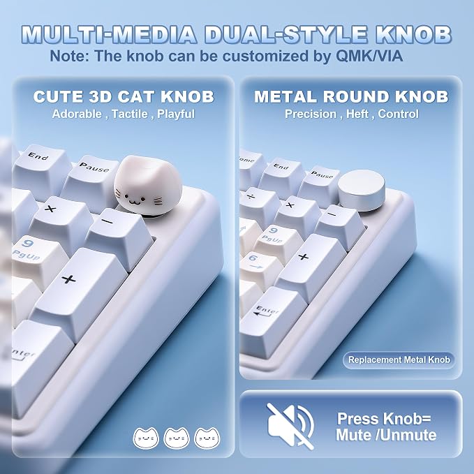 YUNZII B98 PRO QMK/VIA Wireless Mechanical Gaming Keyboard,96% Layout with Numpad and Cute Cat Knob, BT/2.4G/USB-C,Linear Switch Hot Swap Gasket,RGB for Win/Mac (Blue, Milk V2 Linear Switch)