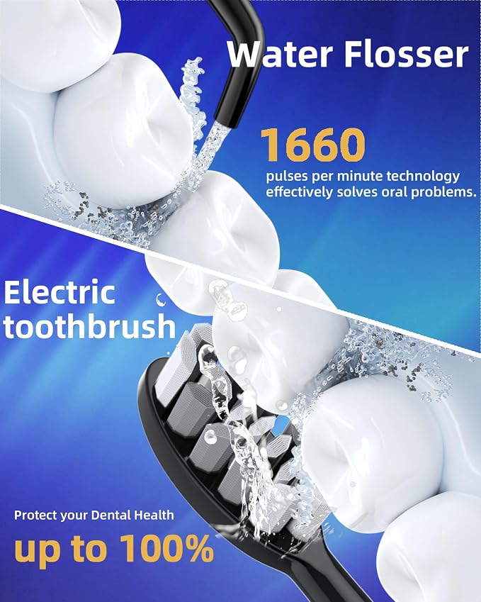 Water Flosser and Electric Toothbrush Combo,2-1 Oral Clean Kit, 5-Speed Sonic Electric Toothbrush & 4-Speed Portable Water Flosser to Clean Teeth and Protect Gum Health, IPX7 (Black-Set)
