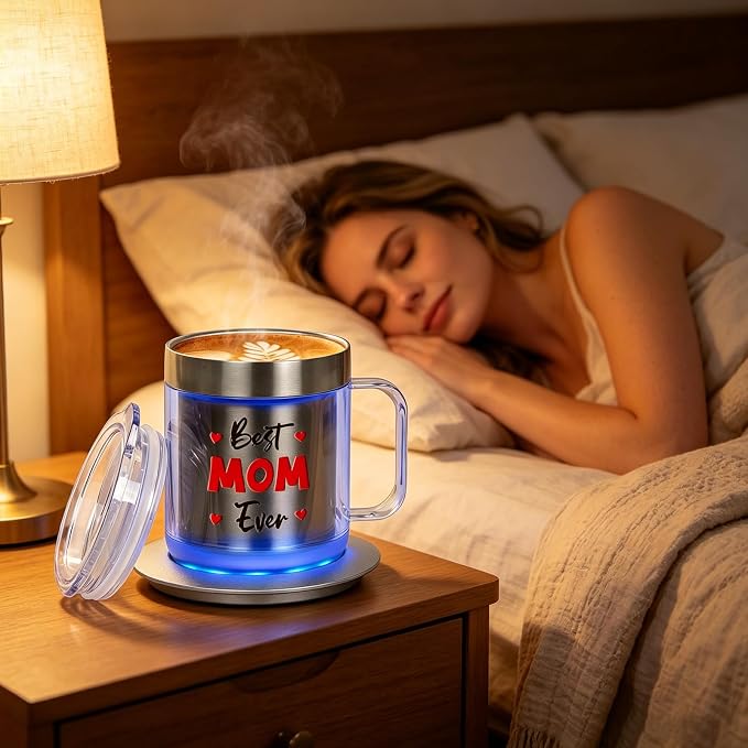 Mom Birthday Gifts, 12oz Self Heating Coffee Mug Featuring BEST MOM EVER, USB Electric Temperature Control Cup, Mothers Day Gift from Husband Daughter Son(Silver MOM-12oz)