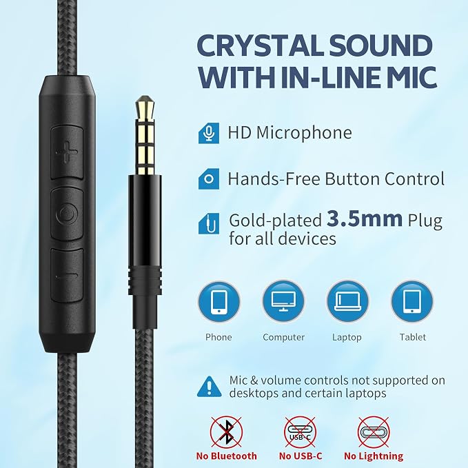 AC01 Over-Ear Headphones Wired, Passive Noise Isolating Corded Stereo Headsets with Mic Volume Control for Adults Teens 3.5mm for Chromebooks, Laptop, Computer, Tablets, Travel (Black Blue)