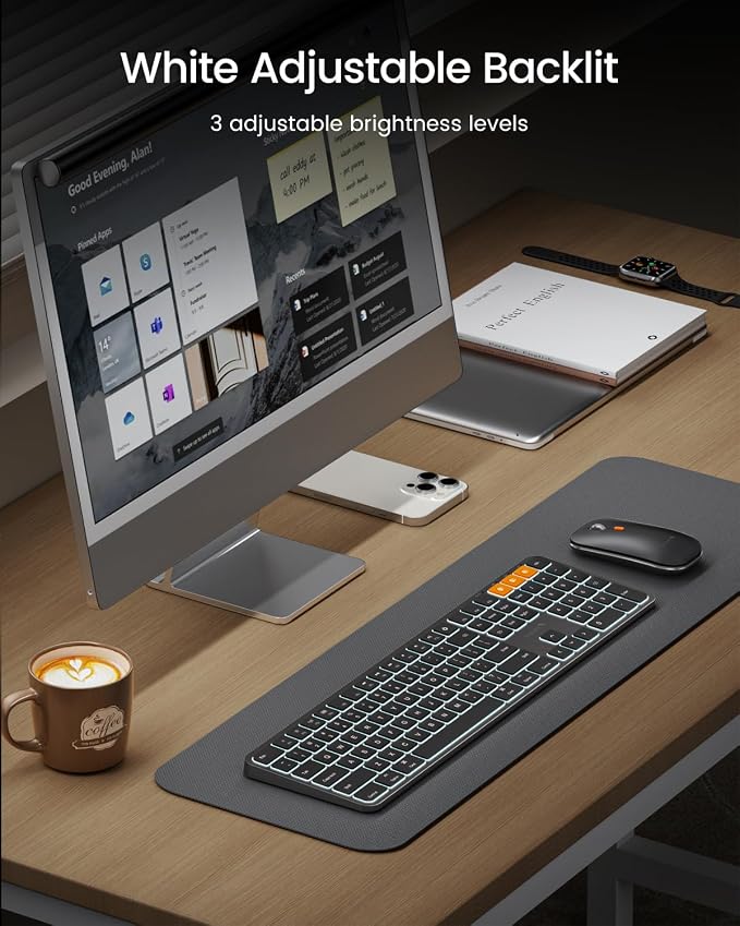 ProtoArc Backlit Bluetooth Keyboard and Mouse for Mac, KM100-A Full Size Wireless Keyboard Mouse for Mac, Multi-Device, Rechargeable, No USB, for MacBook Pro/Air, iPhone, iPad, Space Black