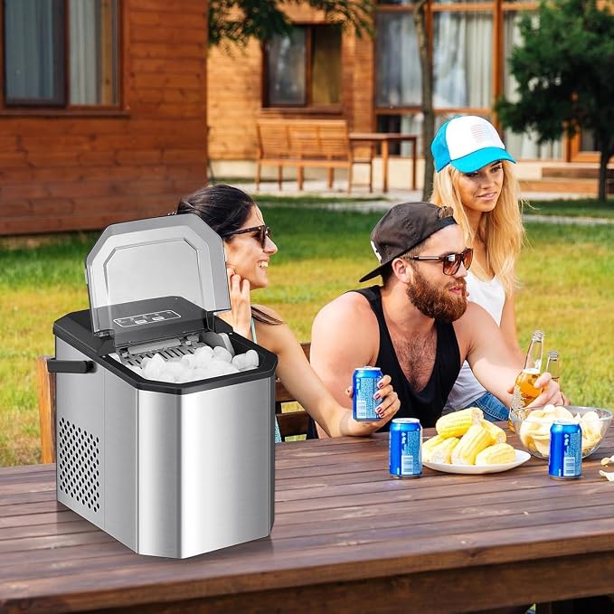 Countertop Ice Maker 26Lbs/24Hours Portable Small Ice Machine Stainless Steel Bullet Ice Machine with Scoop, Low Noise, Compact, Self-Cleaning Mini Ice Maker for Kitchen Office Camping Party