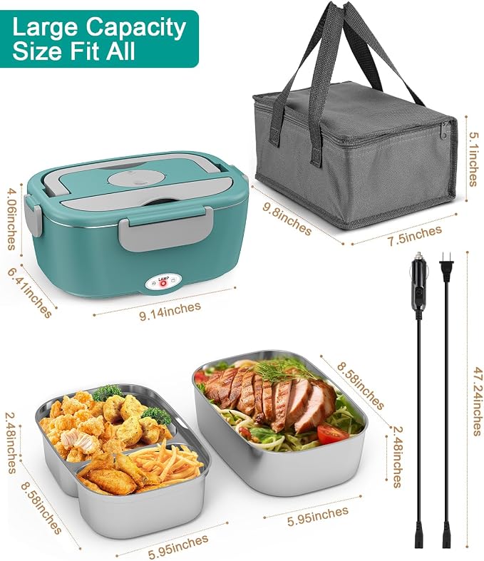 Geveniss Electric Lunch Box for Adults, Heated Lunch Box for Car and Truck, Portable Food Warmer for Office Work, 80W Fast Heating, Dual Removable 1.5L Stainless Steel Containers