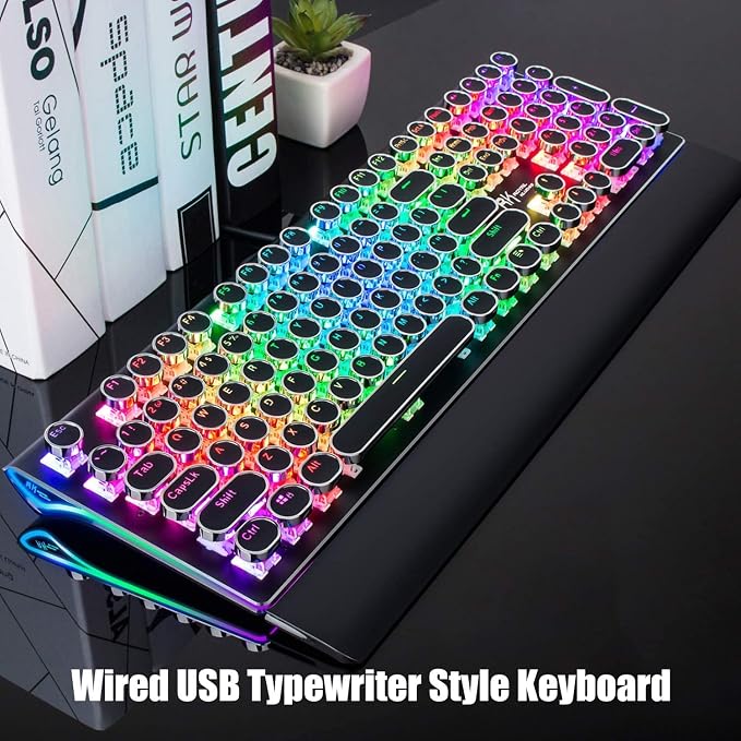 RK ROYAL KLUDGE S108 Typewriter Mechanical Keyboard, Full RGB Gaming Keyboard, Wired PC Game Keyboards with Number Pad and Detachable Wrist Rest, Retro Round Keycaps, Brown Switches Black