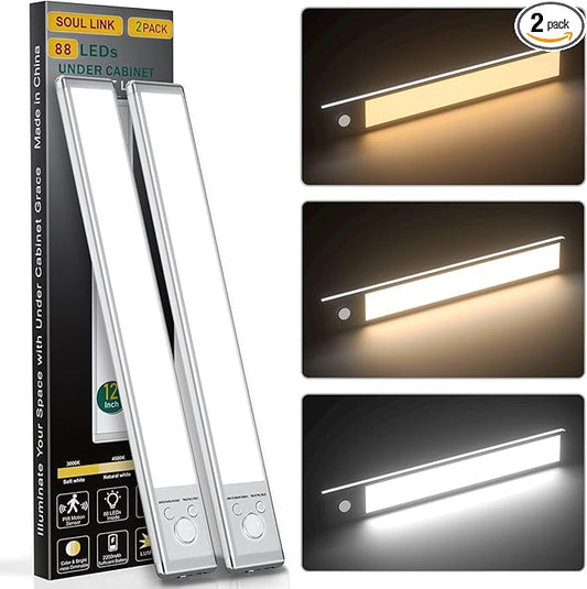 12" Under Cabinet Lights,88 LED Operated Motion Sensor Light Indoor,2200mAh USB Rechargeable Closet Lights, 2 Pack Magnetic Dimmable Closet Lights?Wireless Under Counter Lights for Kitchen, Stairs