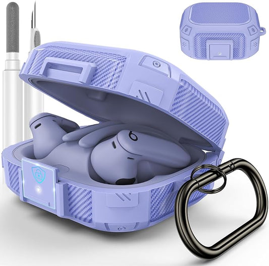 [Upgrade Secure Lock] for Beats Powerbeats Pro 2 Case Cover, LDSXAY Carbon Fiber Shockproof Protective Cover for Powerbeats Pro 2 2025 with Cleaner Kit & Carabiner (Purple)