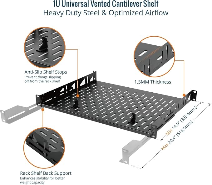Tecmojo 1U Rack Shelf,19 inch Rack Shelf 14 inch Depth,Rack Mount Shelf with Anti-Slip Stops,Server Rack Shelf and Network Shelf for 19in Equipments, 110lbs Capacity of Vented 1U Shelf,No Lip(2 Pack)