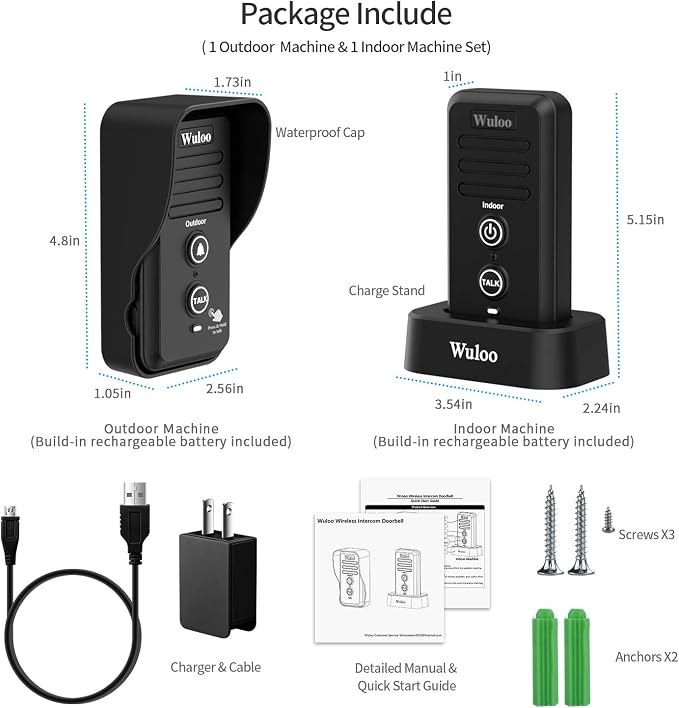 Wireless Intercom Doorbells for Home Classroom, Wuloo Waterproof Electronic Doorbell Chime with 2640 Feet Range 3 Volume Levels Rechargeable Battery (1&1-Black)