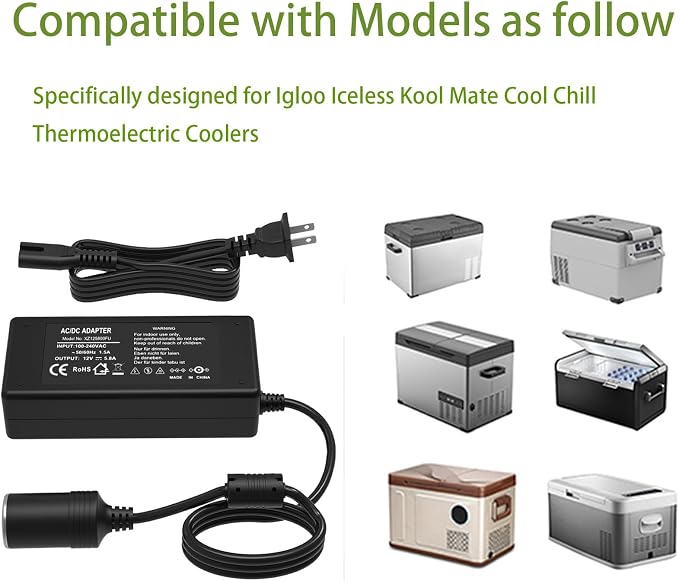 12V Converter Compatible with Igloo Iceless Kool Mate Cool Chill Thermolectric Coolers Power Supply Adapter